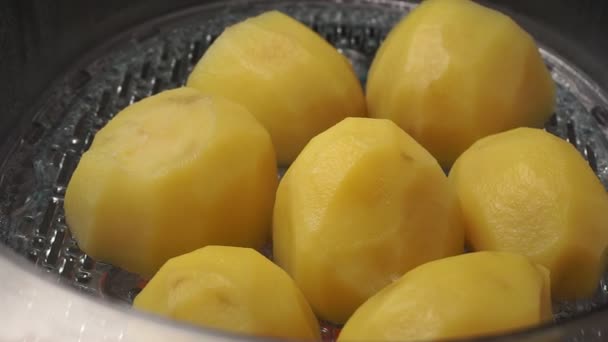 Πατάτες στο ατμόπλοιο, προετοιμασία μαγειρεμένα λαχανικά για ένα ζευγάρι close-up — Αρχείο Βίντεο