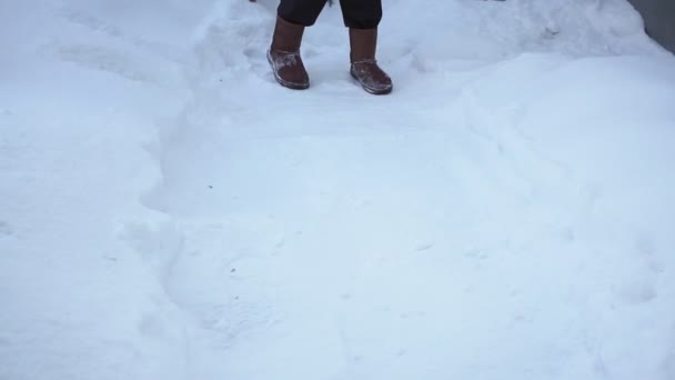 Αφαίρεση χιονιού από το δρόμο με σκούπα. εργασία στο πάρκο μία κρύα ημέρα του χειμώνα. — Αρχείο Βίντεο