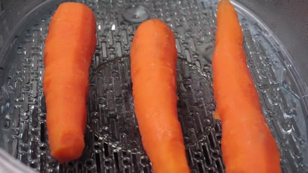 Zanahorias en un vapor, zanahorias al vapor de cerca enfoque selectivo . — Vídeo de stock