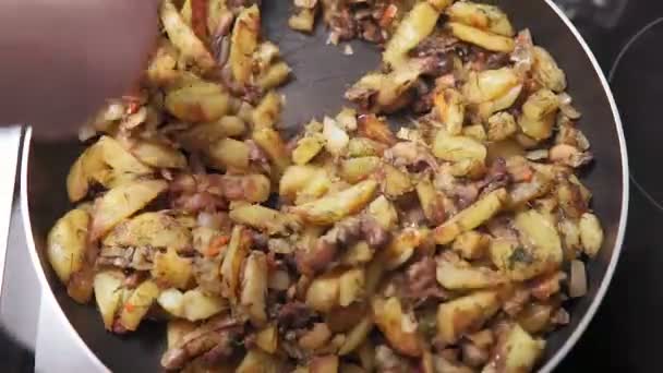 Жареный картофель с грибами и специями домашняя кухня — стоковое видео
