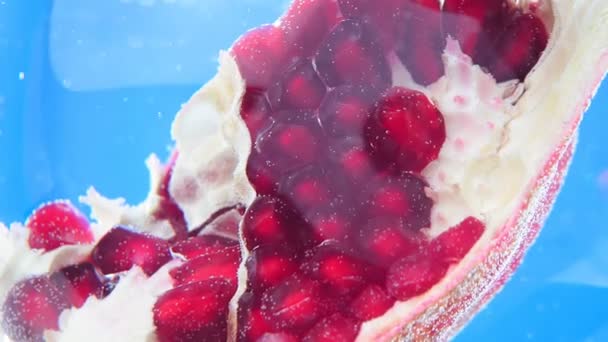 Juicy Berries of Garnet. Pomegranate seeds in water, under water, macro. — Stock Video