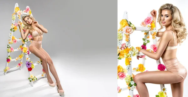 꽃 백색 사다리와 섬세 한 금발 여자 — 스톡 사진