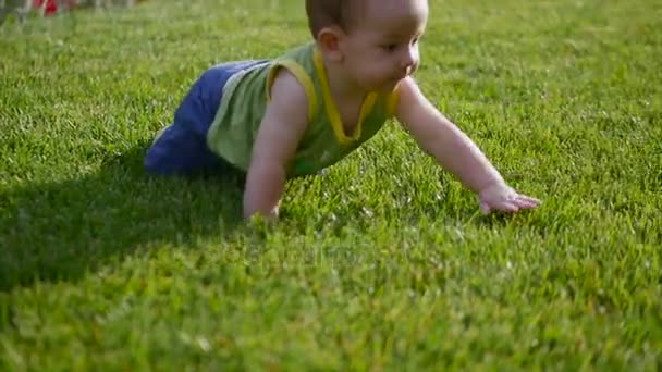 Bebê rastejando lentamente no prado. O pequeno mundo dos bebés. Movimento lento. 4k . — Vídeo de Stock