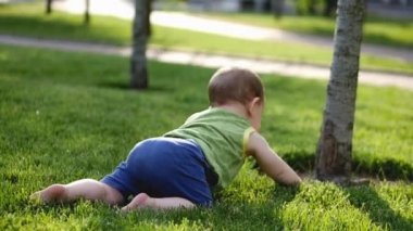 Yavaş yavaş çayır üzerinde sürünerek bebeğim. Küçük bebek dünya. Ağır çekim. 4k.