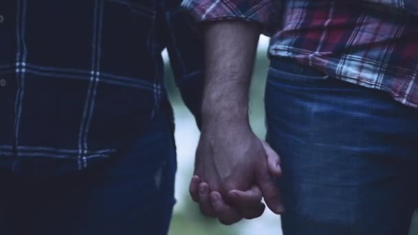 Close-up van twee liefhebbers toetreden handen. Detail silhouet van Man en vrouw bedrijf overhandigt. Paar vertrouwen, liefde en geluk concept. Effecten van 16mm film. — Stockvideo