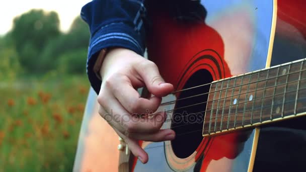 Hipster ung vacker flicka, omfamnas av en kreativ start i en skog glade, inspirerad av ett skogslandskap med utsikt över floden och häpnadsväckande natur, plockar upp en ny melodi för en ny låt — Stockvideo