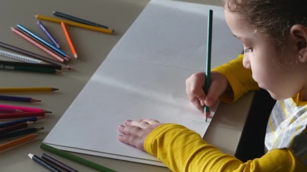 Little girl draws with colored pencils. 4K. — Stock Video