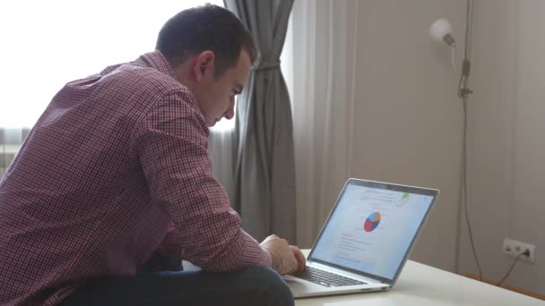 Man in werken vanuit huis met behulp van de boven- en trackpad. Jonge zakenman zittend aan tafel, koffie drinken, werk op computer. 4k — Stockvideo