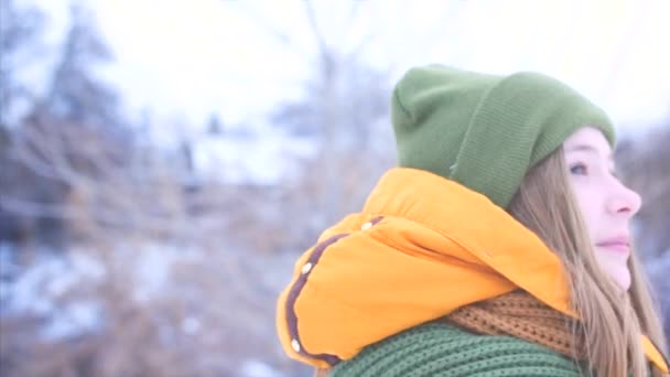 Portret van een jonge mooie tiener meisje met blond haar, in de prachtige natuur van een winter forest, meisje met een groene en bruine sjaal in een groene hipster hoed, buiten wandelen, kijken naar de — Stockvideo