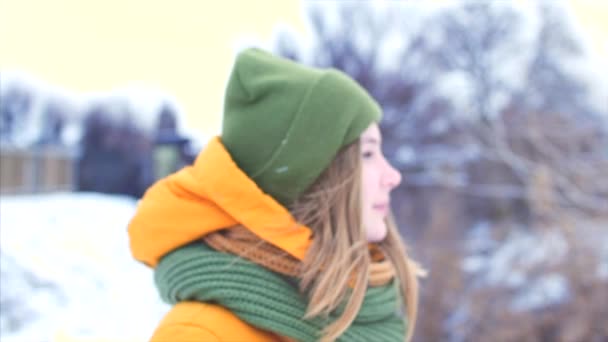 一个年轻美丽的少女, 金发女郎的肖像, 在美丽的冬季森林的性质, 女孩与绿色和棕色的围巾在绿色的时髦帽子, 走在户外, 看着 — 图库视频影像