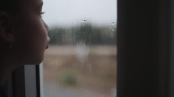 Kind blickt auf den Regen hinter dem Fenster. Archivbild. — Stockvideo