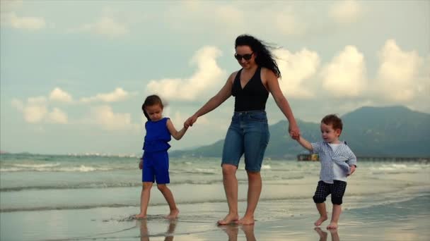 La jeune famille, la mère et les enfants marchent le long de la côte. Bonne famille marchant sur la côte de la mer . — Video