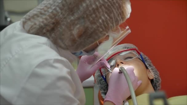 Mujer dentista tratando dientes a mujer paciente en clínica. Doctora Profesional Estomatóloga en el Trabajo. Concepto Dental Check Up. — Vídeos de Stock