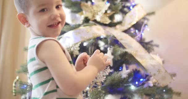 Little Boy of Kind Hangt Nieuwjaarsspeelgoed aan de kerstboom, Decoreert de kerstboom. Kerstversiering aan boom hangen met kerstverlichting. Decoreren op kerstboom met bal. 4k — Stockvideo