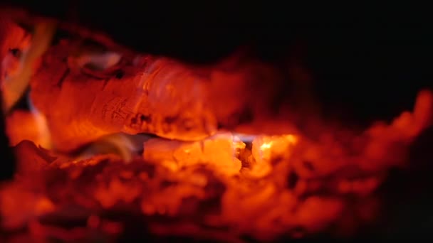 暖炉の石炭だ木は暖炉で美しく燃える。暖炉の火を燃やす。4k. — ストック動画