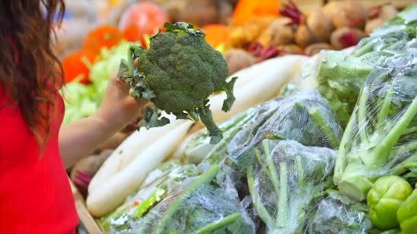 Mooie jonge mooie meisje of vrouw koopt voedsel, groenten broccoli of bloemkool, fruit, wortelen, kool, salade, bloemkool, vlees, appels, tomaten, sinaasappels in de markt, in de supermarkt. — Stockvideo