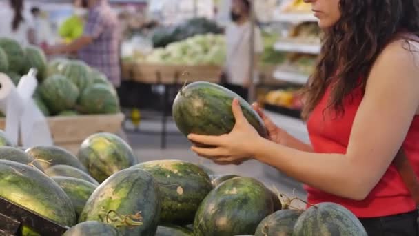 Mulher muito jovem ou mãe faz compras em um supermercado, escolhe melancia alimentar, abacate, frutas, cenouras, repolho, salada, couve-flor, carne, maçãs, tomates, laranjas no mercado, supermercado . — Vídeo de Stock