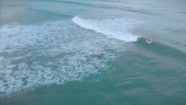 上からの空中ビューアスレチック若い女性と男性サーフィン,明るい日差しと大きな波に乗って,サーファーは彼の波を待っています. — ストック動画