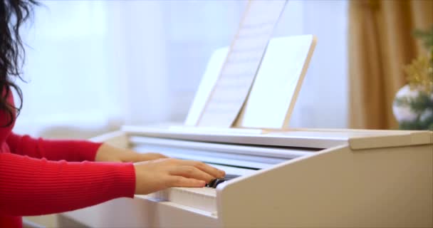 Mulher ou menina estudante ou pianista profissional toca música clássica em um belo piano branco um feriado de Natal contra o fundo de uma árvore de Natal e brilhar luzes de ano novo. Pianistas mãos — Vídeo de Stock