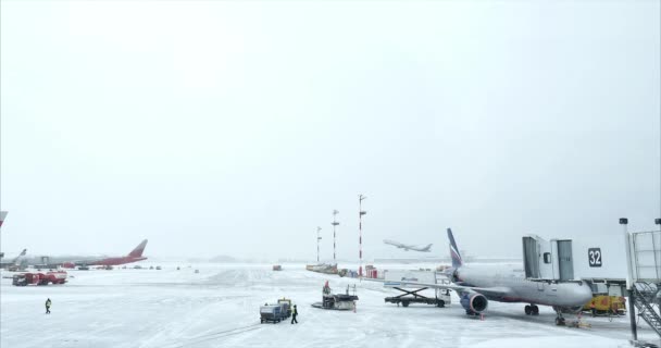 Moscú, Rusia - 7 de febrero de 2020: Avión de pasajeros Nordwind Airbus A737, Sheremetyevo Airport, Heavy Snowfall Asleep the Airport.Hay mucha nieve en el aeropuerto . — Vídeos de Stock