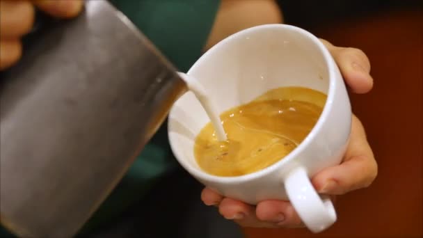 Profesjonalny barista. Przygotowując świeżo zmieloną kawę, Barista robi latte art nalewając mleko do kubka robiąc piękny rysunek, co sprawia, że kawa jest jeszcze bardziej pożądana. — Wideo stockowe