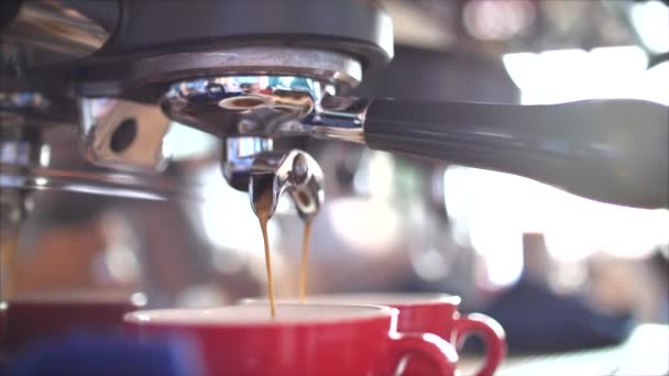 Stroom Koffie stroom van professionele machine in beker. Professionele machine maken van dubbele espresso, met behulp van filterhouder. Vloeiende verse gemalen koffie. — Stockvideo