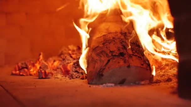 Gros plan comme dans un four à pizza brûle fraîchement jeté du bois de chauffage très bien. Placez la pizza dans un four à pizza à bois à l'aide de l'écorce de pizza. Mouvement lent — Video