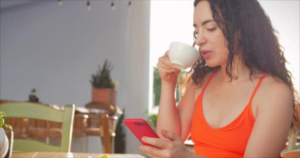 Jeune fille ou femme Boire du café dans Cafe textos partager des messages sur les médias sociaux profiter de la technologie mobile . — Video