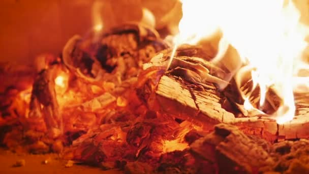 Trä brinner vackert i en pizzaugn. Placering av pizza i en vedeldad pizza ugn med hjälp av pizza svål. — Stockvideo