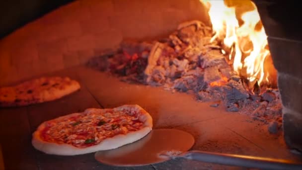 Pizza en el horno. Comprueba la preparación de la pizza sacándola del horno de pizza usando la corteza de la pizza. Un fuego arde en el horno. . — Vídeos de Stock