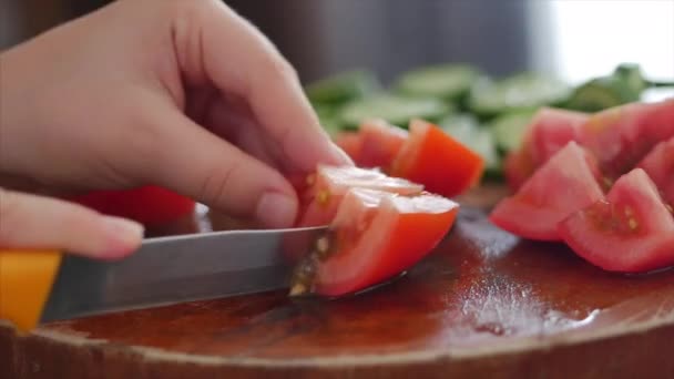 Hija ayuda a mamá a cocinar en la cocina, las manos de una niña de 6-7 años de edad hace un cuchillo rebanando tomates y pepinos para ensalada. Primer plano en la cocina niños manos cortadas en verduras frescas en — Vídeos de Stock
