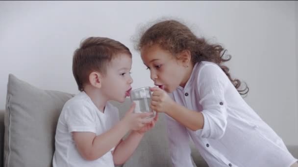 Söt syster, en barnflicka med en yngre bror sitter på soffan, en kärleksfull lycklig syster tar hand om sin lillebror, ger en mugg vatten, underhåller barnet. — Stockvideo