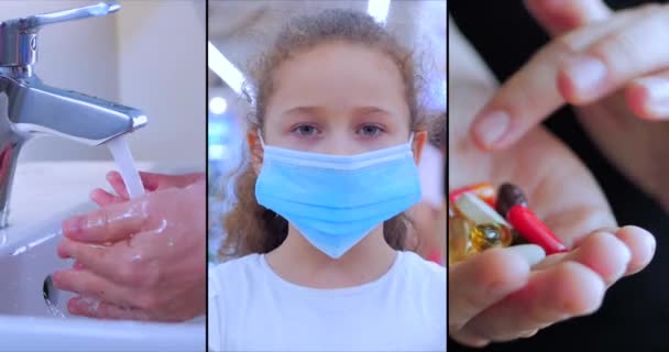 Coronavirus collage COVID-19, Έννοια της ανοσίας πώς να προστατεύσετε τον εαυτό σας από τη μόλυνση, να είναι σε μια μάσκα, πλύνετε τα χέρια σας, ξεσπάσματα μιας πανδημίας, Πορτρέτο σε μια προστατευτική μάσκα ενός παιδιού. — Αρχείο Βίντεο