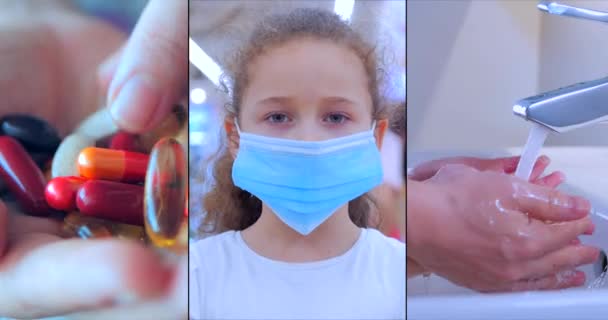 Coronavirus collage COVID-19, Έννοια της ανοσίας πώς να προστατεύσετε τον εαυτό σας από τη μόλυνση, να είναι σε μια μάσκα, πλύνετε τα χέρια σας, ξεσπάσματα μιας πανδημίας, Πορτρέτο σε μια προστατευτική μάσκα ενός παιδιού. — Αρχείο Βίντεο