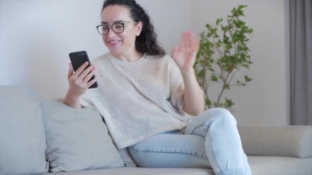 Mujer joven y feliz freelancer mira la charla de cámara hacer videoconferencias en vivo en línea con colegas de trabajo utilizando el blog de grabación de aplicaciones informáticas se sienta en el sofá en casa, vlogger concepto de chat de vídeo . — Vídeos de Stock