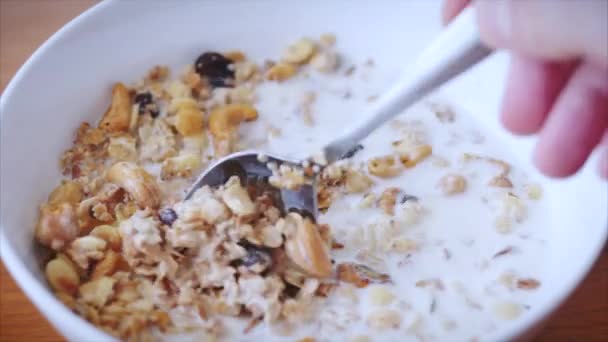 Gros plan d'une main féminine agitant une cuillère de céréales dans une assiette de petit déjeuner. Le concept du petit déjeuner, une alimentation saine, granola aux noix de cajou et tranches de framboises et de raisins secs . — Video