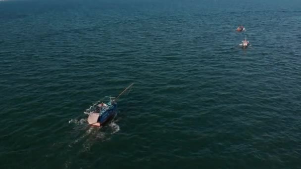 Professionella fiskefartyg återvänder till hamnen på morgonen i solskenet efter fiske, skjuter från drönare av en asiatisk fiskekonare en båt med krabbfällor för bläckfisk och hummer i hög hastighet — Stockvideo