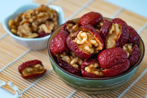 Dry Red Jujubes Walnuts Green Bowl — Stock Photo, Image