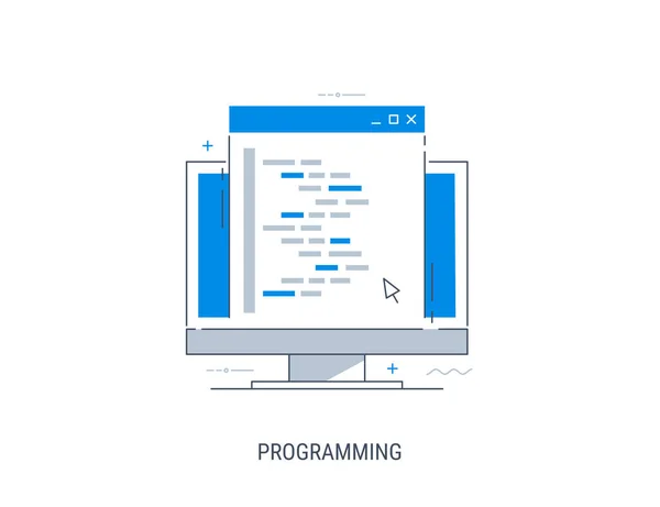 Programmazione Codifica Sviluppo Debug Illustrazione Vettoriale Moderna Line Art Piatta — Vettoriale Stock