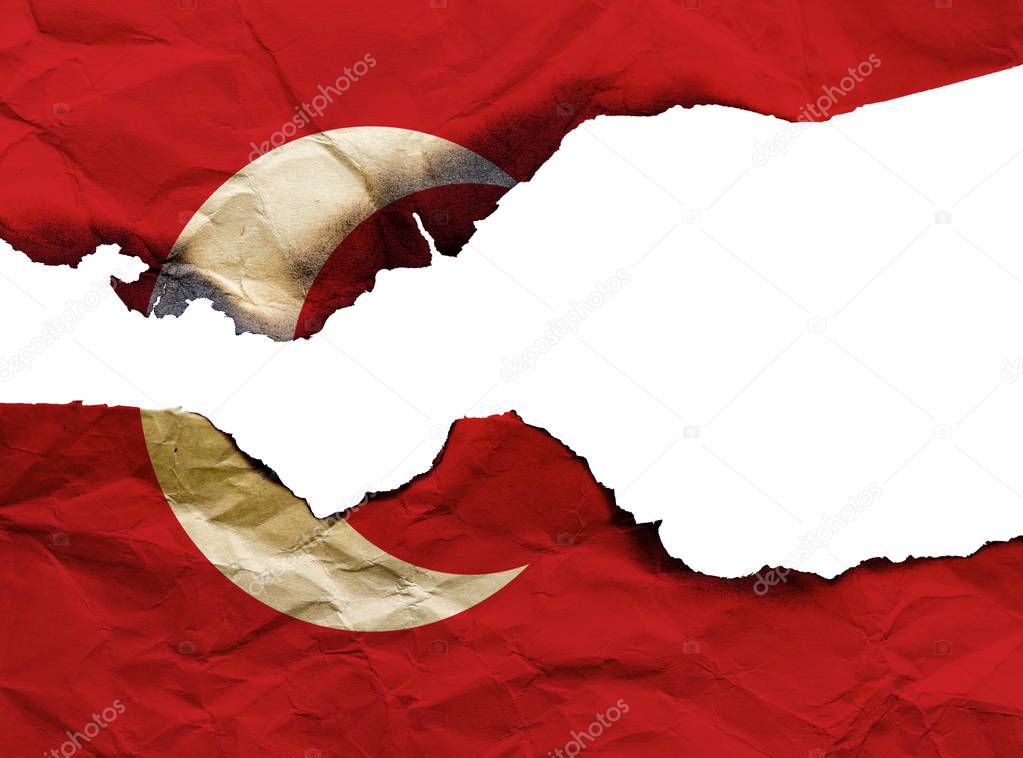 The Scorched Flag of Turkey on white background, concept picture about terrorism and wars in the world