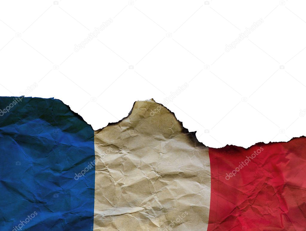 The Scorched French flag on white background, concept picture about terrorism in the world and in France