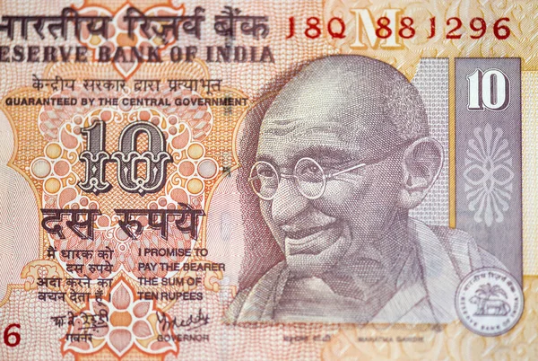 Retrato de Mahatma Gandhi na nota indiana de 10 rúpias, macroimagem — Fotografia de Stock