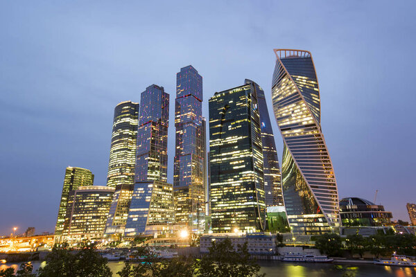Night view of Moscow City, modern part of Moscow, high tech skyscrapers around business part of city, Russia
