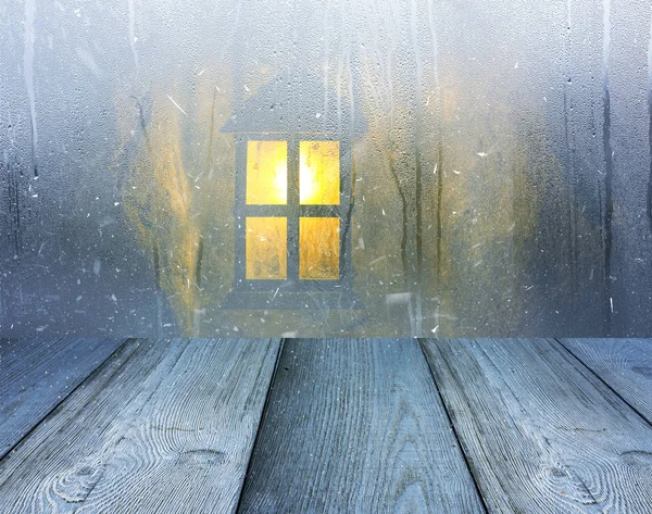 Islak donmuş kış penceresi ve kar, Noel kavramı resmi içeren tablo