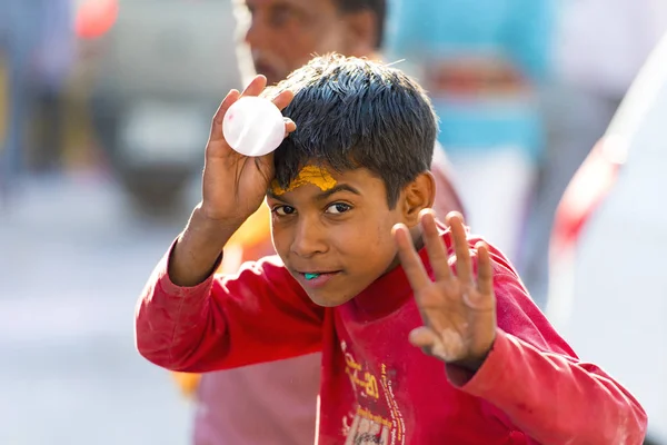 Adolescentes Indios Celebrando Holi Mathura Febrero 2018 India —  Fotos de Stock