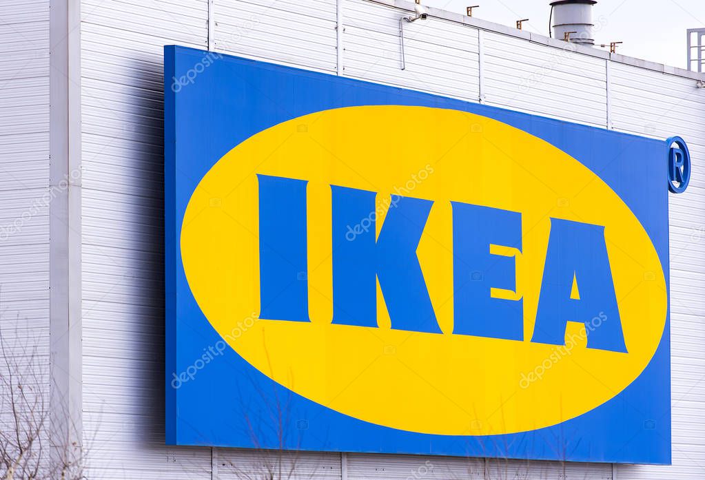 STOCKHOLM - APR 20: IKEA Logo on the building on April 20. 2018 in Stockholm Sweden IKEA is a Swedish-founded Dutch-based multinational group, that designs and sells ready-to-assemble furniture