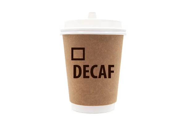 デカフェ コーヒーデカフェ ホット飲料と碑文と紙カップ白の背景に隔離されたデカフェ — ストック写真