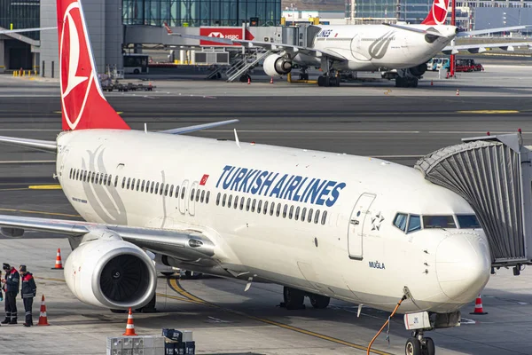 Стамбул Самолеты Логотипом Turkish Airlines Новом Аэропорту Стамбула Havaliman Января — стоковое фото