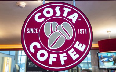 Londra - 27 Aralık: Costa Coffee logosu 27 Aralık 'ta Londra' da. 2019 Uk, Costa Coffee, Amerikan Coca-Cola Company 'nin yan kuruluşu olan bir kahve zinciri.