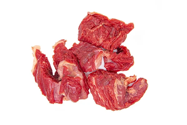 Bloederige Plakken Rauw Rundvlees Geïsoleerd Witte Achtergrond — Stockfoto
